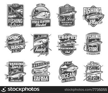 Fish and fishing sport tackle isolated vector icons. Fishing rod, fisherman boat and hook monochrome badges with salmon, tuna, mackerel and eel, sheatfish, anchovy and sardine, bream and sea bass. Fish and fishing sport tackle isolated icons