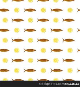 Fish and lemon. Seamless pattern on white background. Vector ill. Fish and lemon. Grilled fish. Seamless pattern. Vector illustration. Isolated on white background.