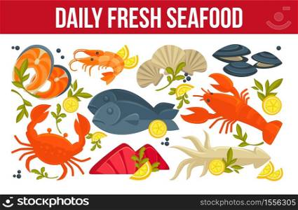 Fish and lobster daily fresh seafood crab and prawn or shrimp vector squid and salmon oysters and mollusks lemon slices and greenery, restaurant or cafe menu dishes and meals of underwater sea animals. Fresh daily seafood fish and lobster crab and shrimp