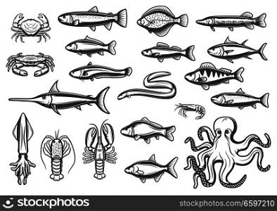 Fish and marine animal or seafood sketch line icons. Vector isolated set of lobster crab, octopus and prawn shrimp, eel or pike and ocean mackerel with herring or flounder and trout for fishing. Vector sketch icons of fish and seafood