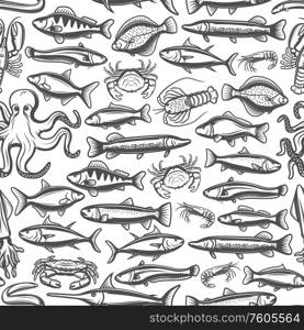 Fish and marine animals monochrome seamless pattern. Vector sketches of seafood, lobster crabs and prawn shrimps, pike and eel, ocean mackerel. Fishery animals, flounder and herring, trout and octopus. Octopus, shrimp, crab and fish seamless pattern