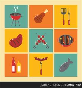 Fish and meat bbq food fire outdoor party icons flat set isolated vector illustration
