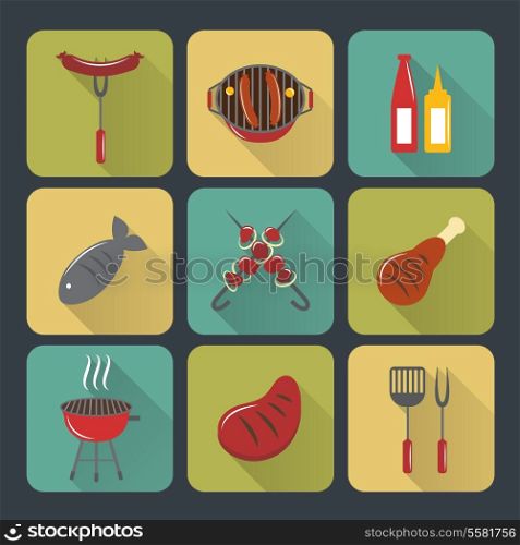 Fish and meat bbq food grilled sausages and steak flat set isolated vector illustration