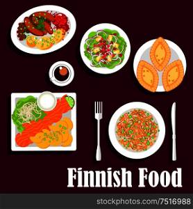 FIsh and meat dishes of finnish cuisine with flat icons of smoked salmon, served with fried potatoes and garlic sauce, cabbage stew, blood sausages with lingonberry sauce, spinach salad with cheese and cloudberries, karelian rice pie. Fish and meat dishes of finnish cuisine flat icon