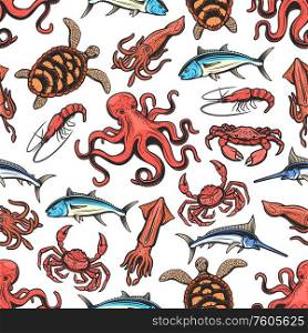 Fish and sea animals seamless pattern background with vector seafood. Crab, octopus and squid, blue marlin, shrimp and salmon, sea turtle and tuna, fishing sport and marine wildlife backdrop design. Seafood seamless pattern with fish, crab, octopus