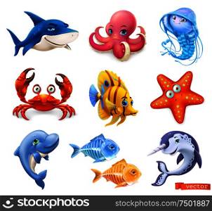 Fish and sea animals. Shark, octopus, jellyfish, crab, starfish, dolphin, narwhal. Cartoon character 3d vector icon set