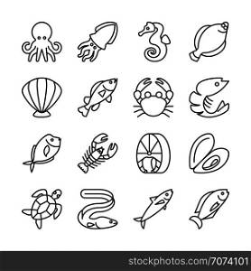 Fish and seafood line vector icons. Sea food and marine lobster linear, mussel and salmon illustration. Fish and seafood line vector icons