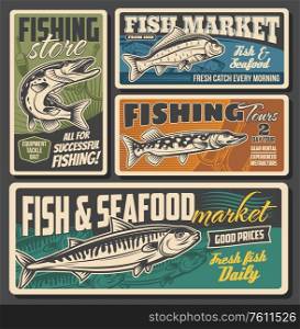 Fish and seafood market, fishing equipment and lures store. Fisher club tours, rods and tackles rental for river pike, ocean mackerel and carp. Vector vintage retro posters. Fishing equipment store, seafood and fish market