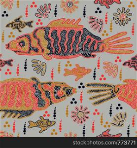 Fish and shells swim in the river. Australian Aboriginal art. Point Art. Seamless pattern. Vector illustration. Fish and shells swim in the river. Australian Aboriginal art. Point Art. Seamless pattern