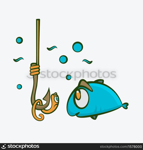 Fish and worm on fishing hook funny kids vector illustration.
