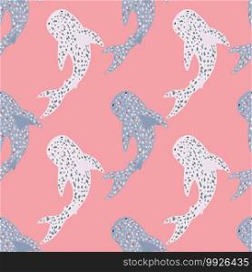 Fish animal seamless pattern with light and blue dotted whale silhouettes. Pink background. Perfect for fabric design, textile print, wrapping, cover. Vector illustration.. Fish animal seamless pattern with light and blue dotted whale silhouettes. Pink background.