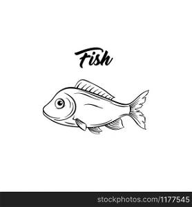 Fish black and white vector illustration. Marine animal with fins freehand sketch. Saltwater species, freshwater carp drawing. Healthy nutrition, gourmet menu ingredient. Seafood restaurant logo. Fish black and white illustration