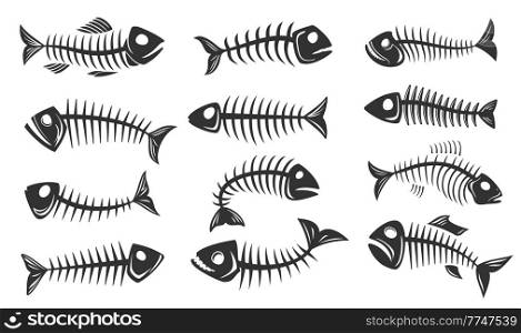 Fish bone icons. Fishbone isolated skeleton silhouettes. Vector black skulls and spines of salmon fish, monochrome symbols set for pirate, ecology or environment theme. Fish bone icons, fishbone skeleton silhouettes