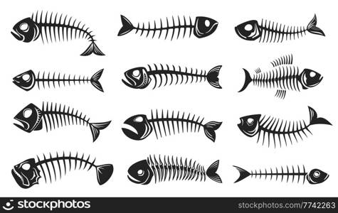 Fish bone icons, fishbone isolated skeleton vector silhouettes. Cartoon dead fish bones of spine tail and head skull of sea herring, barracuda or piranha, marine and nautical symbols. Fish bone icons, fishbone skeleton silhouettes