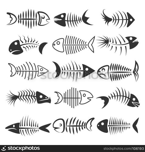 Fish bones silhouettes. Fish bones isolated on white background. Fishbone silhouettes vector illustration