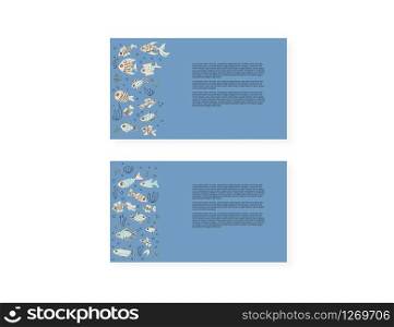 Fish cards templates collection isolated. Cute aquarium fish characters in doodle style. Vector color illustration.