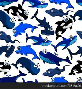 Fish cartoon seamless pattern background. Vector children funny flat icons. Blue cute ocean and sea swimming fishes. Shark, dolphin, whale, stingray. Fish cartoon seamless pattern wallpaper