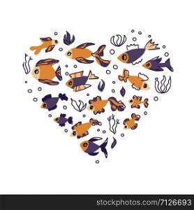 Fish collection isolated. Cute aquarium fish characters in doodle style. Heart composition for print, banner, cards, poster. Vector color illustration.