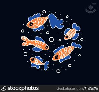 Fish collection isolated. Cute aquarium fish characters in doodle style on dark background. Vector color illustration.