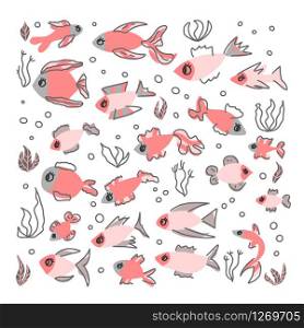 Fish collection isolated. Cute aquarium fish characters in doodle style. Poster, banner, greeting card template. Vector color illustration.
