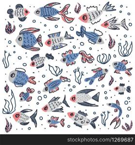 Fish collection isolated. Cute aquarium fish characters in doodle style. Vector color illustration.