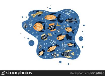 Fish collection isolated. Cute aquarium fish characters in doodle style. Vector color illustration.
