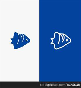 Fish, Coral, Ocean, Schooling, Banner Line and Glyph Solid icon Blue banner Line and Glyph Solid icon Blue banner