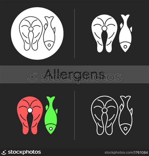 Fish dark theme icon. Raw salmon, cooked tuna. Healthy eating, protein in diet. Common allergen. Allergy cause. Linear white, simple glyph and RGB color styles. Isolated vector illustrations. Fish dark theme icon