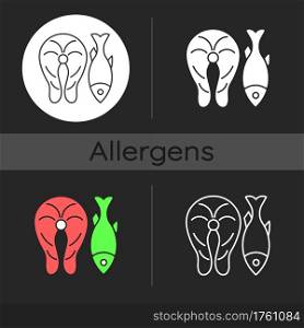 Fish dark theme icon. Raw salmon, cooked tuna. Healthy eating, protein in diet. Common allergen. Allergy cause. Linear white, simple glyph and RGB color styles. Isolated vector illustrations. Fish dark theme icon