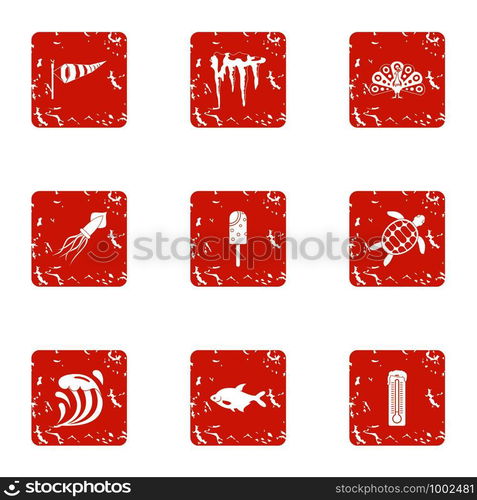 Fish dessert icons set. Grunge set of 9 fish dessert vector icons for web isolated on white background. Fish dessert icons set, grunge style