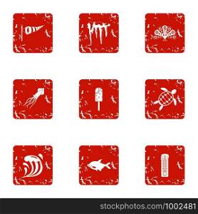 Fish dessert icons set. Grunge set of 9 fish dessert vector icons for web isolated on white background. Fish dessert icons set, grunge style