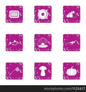 Fish dinner icons set. Grunge set of 9 fish dinner vector icons for web isolated on white background. Fish dinner icons set, grunge style