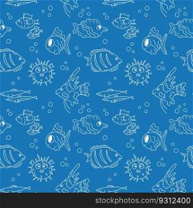 Fish doodle pattern. Marine seamless vector illustration. Blue and white two color background. Ocean life.. Fish doodle pattern. Marine seamless vector illustration. Blue and white two color background. Ocean life