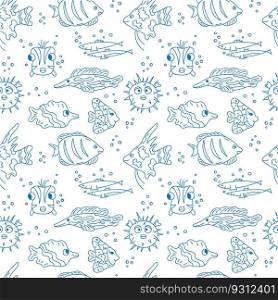 Fish doodles pattern. Sea seamless vector illustration. Cute blue hand drawn fish on white background.. Fish doodles pattern. Sea seamless vector illustration. Cute blue hand drawn fish on white background
