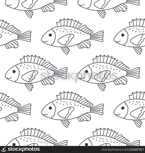 Fish family seamless pattern vector illustration. Marine model with fish doodle style. Template for textiles, baby things design, wallpaper and paper. Black underwater fish on white background. Fish family seamless pattern vector illustration