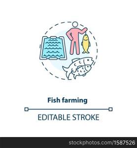 Fish farming concept icon. Sea foods production industry. Organic fishes growing. Aquaculture idea thin line illustration. Vector isolated outline RGB color drawing. Editable stroke. Fish farming concept icon