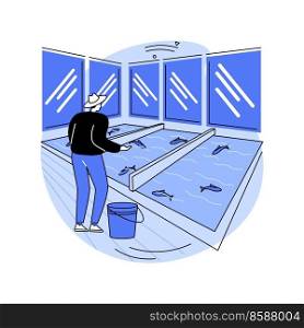 Fish farming isolated cartoon vector illustrations. Farmer throws food into the pool with fish, agriculture industry, agribusiness worker, production sector, animals rearing vector cartoon.. Fish farming isolated cartoon vector illustrations.