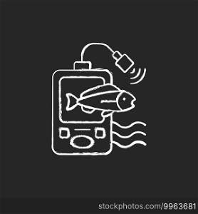 Fish finder chalk white icon on black background. Fishers equipment. Way to find fish. Efficient fishing. Basic fishing gear. Hobby and leasure activities. Isolated vector chalkboard illustration. Fish finder chalk white icon on black background