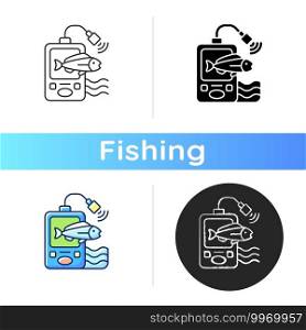 Fish finder icon. Fishers equipment. Way to find fish. Efficient fishing. Basic fishing gear. Hobby and leasure activities. Linear black and RGB color styles. Isolated vector illustrations. Fish finder icon