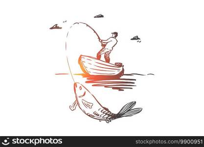 Fish, fishing, catch, boat concept. Hand drawn man fishing in boat and catch big fish concept sketch. Isolated vector illustration.. Fish, fishing, catch, boat concept. Hand drawn isolated vector.
