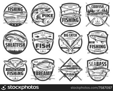 Fish, fishing rod and hook vector badges of fisherman club design. Ocean tuna, salmon and sea bass, river pike, catfish and carp, mackerel, dorado and anchovy, trout or cod symbols with fishing tackle. Fishing rods, fish and hooks. Fisherman club