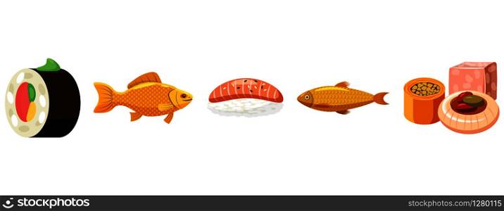 Fish food icon set. Cartoon set of fish food vector icons for web design isolated on white background. Fish food icon set, cartoon style
