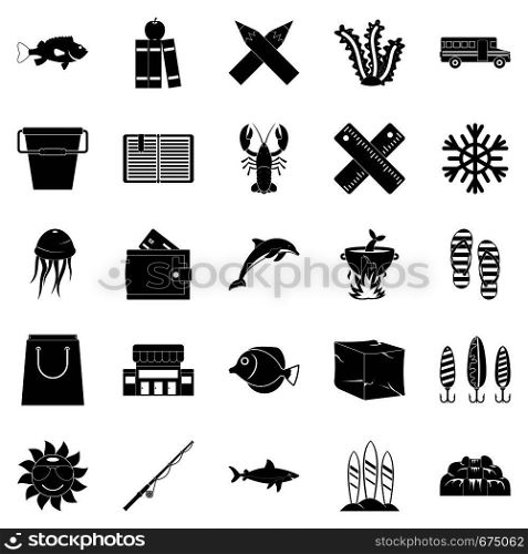 Fish food icons set. Simple set of 25 fish food vector icons for web isolated on white background. Fish food icons set, simple style