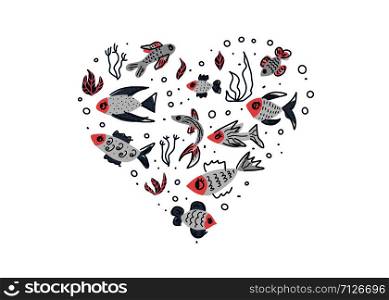 Fish heart shape composition isolated on white background. Cute aquarium fish characters in doodle style. Vector color illustration.