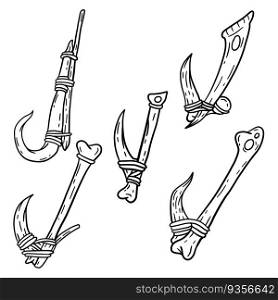 Fish hook made of bone and fang. Tool of primitive man of Stone Age. Old tool for fishing and hunting. Cartoon outline illustration. Fish hook made of bone and fang.