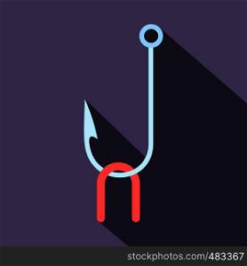 Fish hook with worm flat icon on a violet background. Fish hook with worm flat icon