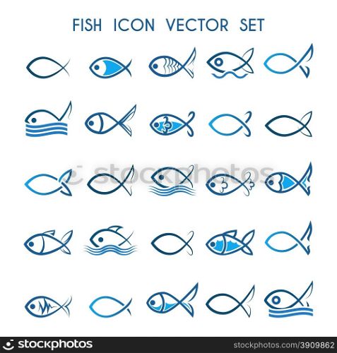 Fish icon or symbol set. Monochrome and colorful fish icons. Isolated on white background.