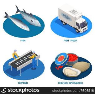 Fish industry seafood production isometric set of round compositions with fishes delivery truck and ready products vector illustration
