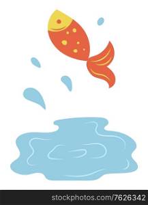 Fish jumping out of lake isolated cartoon style marine or river animal. Vector fishing sport hobby logo, red trout and water, drops of aqua and saltwater habitat. Flat cartoon. Fish Jumping Out of Lake Isolated Cartoon Style