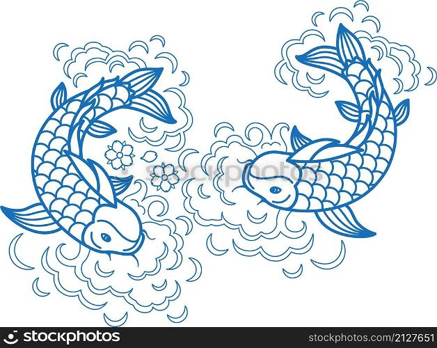 Fish koi art carp line traditional drawing japan goldfish ink element isolated. Fish koi art carp line traditional drawing japan goldfish ink element